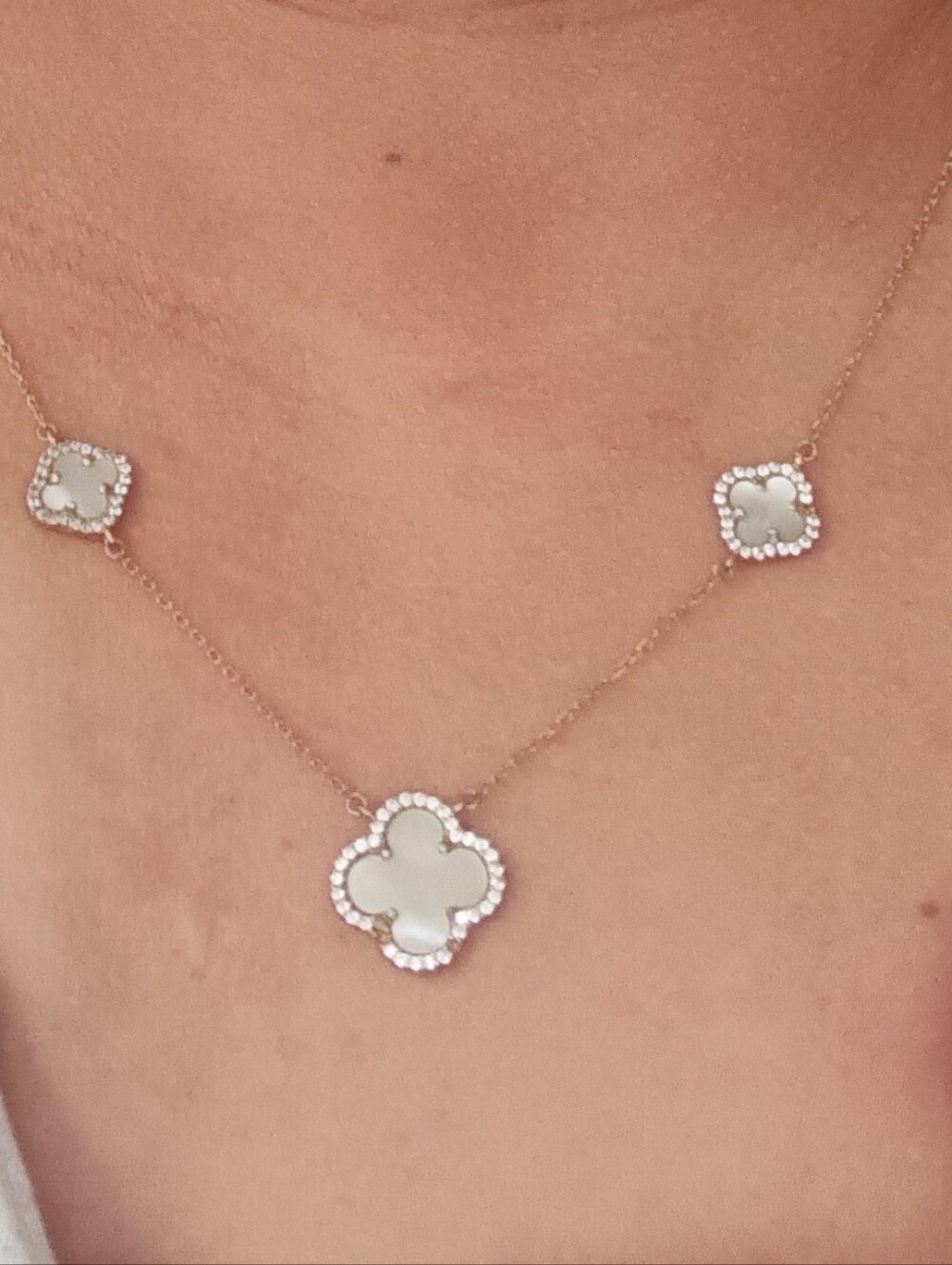 EHC 925 Sterling Silver Gold Vermeil 3-Station Mother of Pearl Clover Necklace